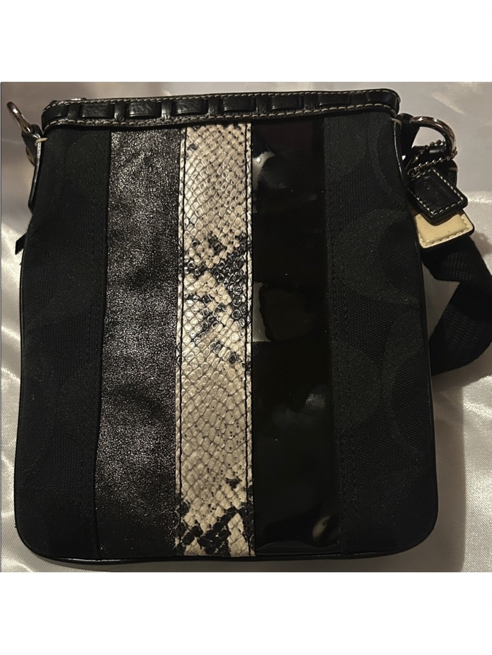 Coach Black Crossbody with Snake-Print Center Stripe 10266